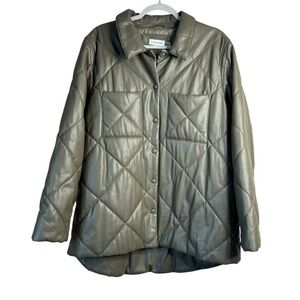 Calvin Klein Women's Faux Leather  Button Front Quilted Jacket Shacket Olive XL